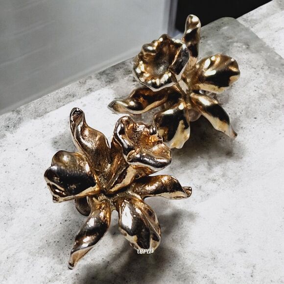 Vtg Jack In The Pulpit Screw Earrings Matching Brooch Set Gold Tone Iris Bundle - Picture 14 of 14